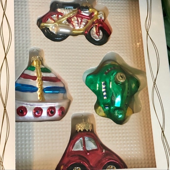 NIB Childs Glass Christmas Ornaments Motorcycle Sailboat Plane Bug Car - Picture 1 of 8